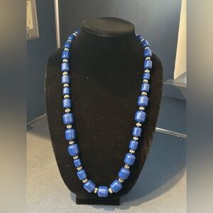 J.Crew Signed Navy Blue Chunky Beads Statement Necklace Gold Tone Crystal Accent